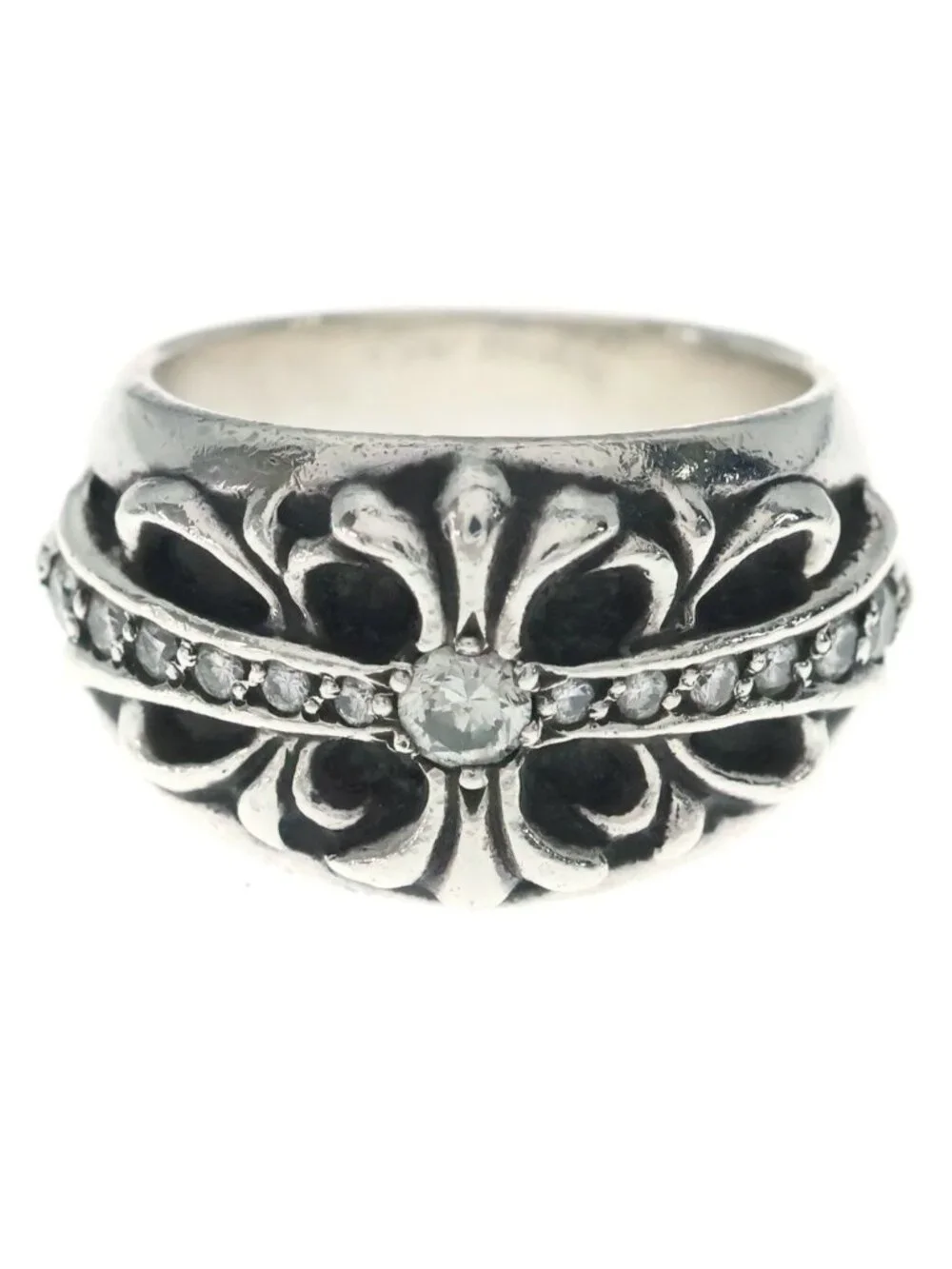 Chrome Hearts Flrl Crs Floral Cross Ring Silver Diamond